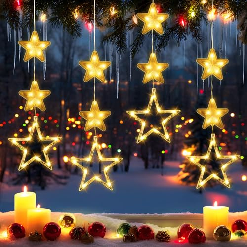 FLSEPAMB LED Sterne Fenster Weihnachtsbeleuchtung 4 Stück, Warmweiß Weihnachtsstern Innen, 3 in 1 Sterne Lichterkette Weihnachten mit Saugnapf, Fenster Lichter Deko für Weihnachten, Balkon, Party