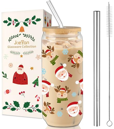 Joeyan 600ml Weihnachtsgläser,20 oz Trinkgläser Weihnachten mit Deckel und Strohhalm, Weihnachtsbecher mit Weihnachtsmann und Elch für Matcha Eiskaffee Smoothie Bubble Tea, Schöne Weihnachtsgeschenke