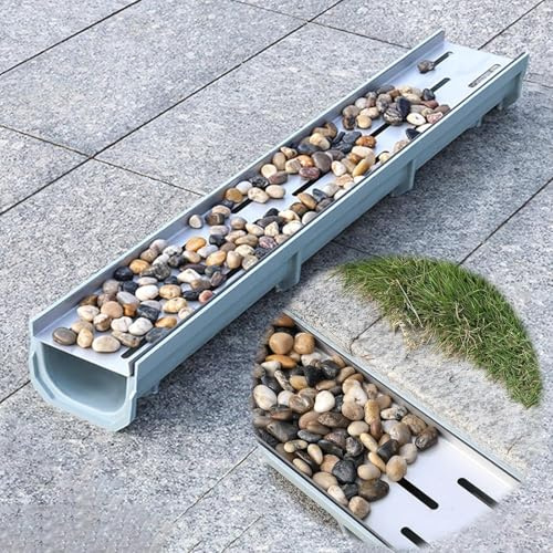 Kit de canaux de drainage en acier inoxydable – Grille rainurée remplie de galets pour solutions de drainage intérieur/extérieur, parfait pour les canalisations de tranchées de piscine, terrasse et