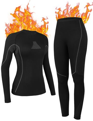 Attraco Thermounterwäsche Damen Winter Skiunterwäsche Atmungsaktiv Funktionswäsche Warme Thermo Unterwäsche Set lang Oberteil und Unterteile Base Layer Unterhose Leichtes Fleece Schwarz/Grau M