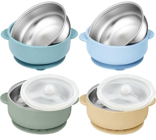 SonPen 4 Stück Edelstahl Baby Schüssel mit Groß Saugnapf, 2 in 1 Breischale Baby mit Abnehmbar Silikonhülle, Rutschfeste Breischale Kinderschüssel BPA-frei für Kinder Kleinkinder ab 6 Monaten(Grün)