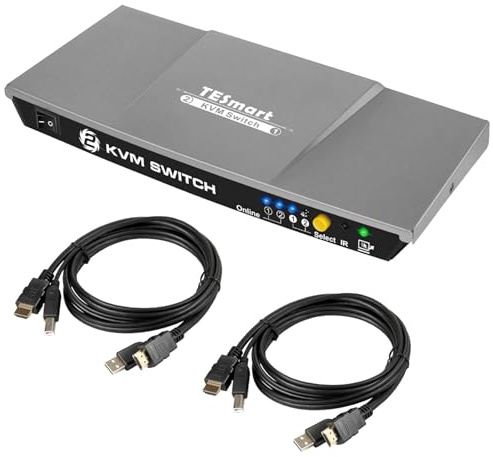 TESmart 2 Port HDMI KVM Switch, for 2 PC 1 Monitor, 4K Ultra HD 3840x2160@30Hz, 2x1 KVM Switcher Supports EDID, Buttons/IR remote Switch, L/R Audio, Control up to 2 Computers/Servers/DVR, Mystic Grey