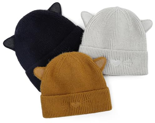 LACOFIA Vintermössa för bebisar med kattöron småbarn flickor pojkar varm stickad mössa mjuk mössa hatt, Svart + brun + grå, 6-3 Jahre