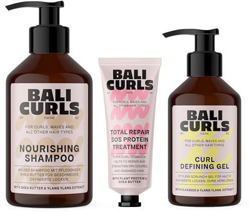 BALI CURLS Set – Nourishing Shampoo (250 ml), Curl Defining Gel (150 ml) & SOS Protein Treatment (20 ml) – Pflegeset für gepflegte, kräftige & definierte Locken