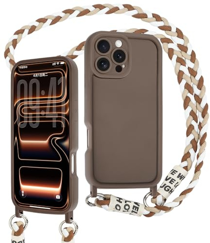 AICISINGN Handyhülle für iPhone 16 Pro Hülle mit Band,Handykette Schutzhülle mit Handyband Hülle mit Abnehmbar Kordel Kette zum Umhängen Stoßfeste Kameraschutz Case für iPhone 16 Pro Braun,01