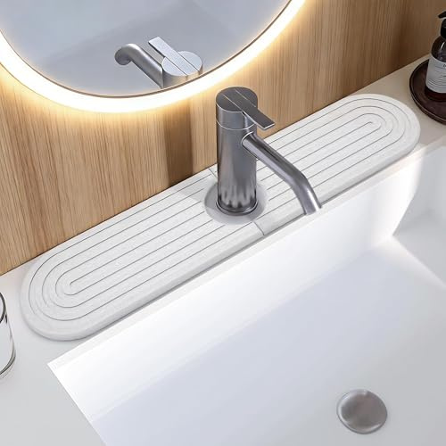 2 Pcs Abtropfmatte Spüle Wasserhahn Spritzschutz, Kieselgur Spülbeckenmatte, Wasserhahn Matte, Abtropfmatte Stein, Für Küche Badezimmer Inklusive Sandpapier, Transparente Fußpolster Weiß 40x10cm