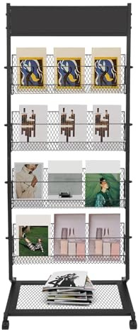 ZHLINUO 5-Tier Floor Standing Magazine Rack with Wheels, Heavy Duty Metal Brochure Display Stand, Magazine Newspaper Stand Holder for Office, Exhibitions, Lobby, Waiting Room
