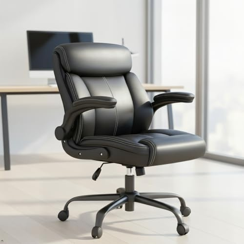 AnyGod Ergonomisk Kontorsstol med Ländryggsstöd, Höjdjusterbar Chefsstol i Konstläder, Skrivbordsstol med Vikbara Armstöd, Roterande Stol 360°, Lastkapacitet 136 kg, för Hemarbete