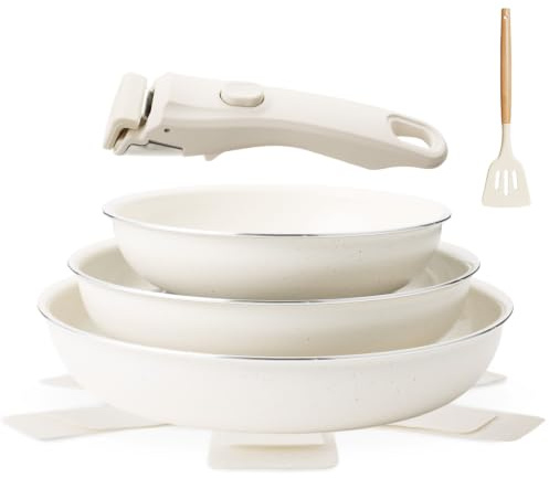 Coicur Pfannenset Mit Abnehmbarem Griff, Induktionsgeeignete Keramikpfanne, Ohne PTFE Und PFOA, 7-Teiliges Pfannen Set 20/24/28 cm, Beige