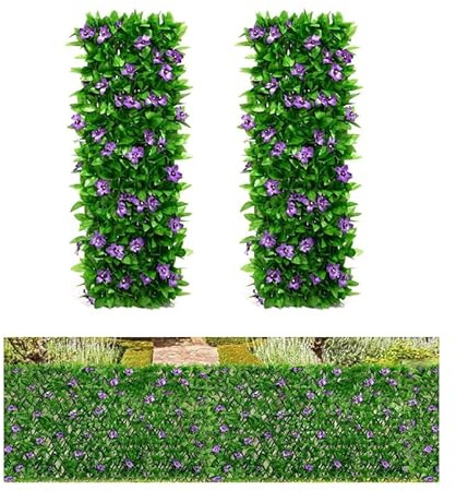 Qisino Artificial Ivy and Violet Flower Fence Screening,Expanding Garden Trellis Panels for Balcony Patio Outdoor,Decorative Faux Ivy Fencing Panel,Artificial Hedges 40x200cm- Expanded (2)