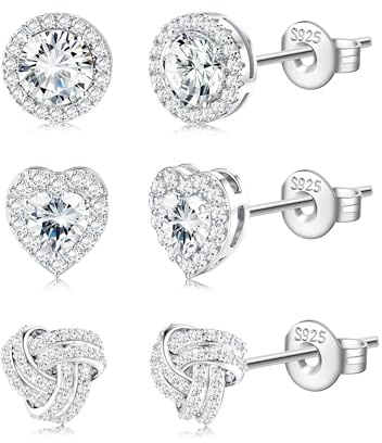 Geveay 925 Sterling Silver Stud Earrings for Women Hypoallergenic Silver Stud Earrings Dainty Small Heart Knot Diamond Cubic Zirconia Stud Earrings Tiny Sleeper Earrings Set for Multiple Piercings