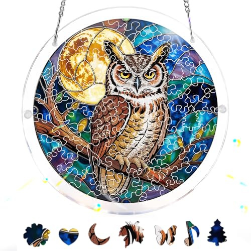 Pavemlo Acryl Sonnenfänger Puzzle 83 Teile, DIY Handwerk Eule Doppelseitige Glasmalerei Fensterkunst mit Kette, Achtsames Geschenk für Mutter, Heimdeko 18 cm F184