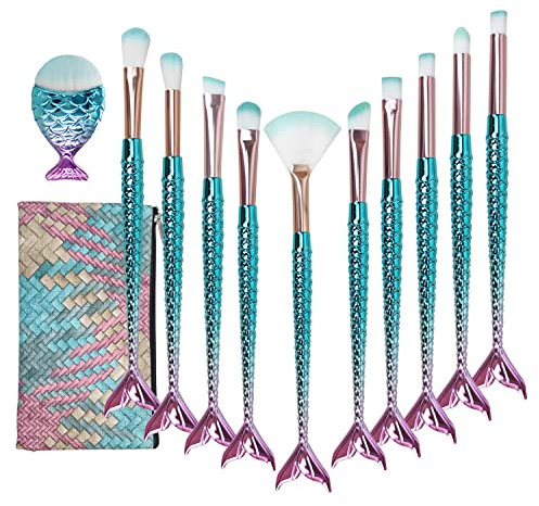 Niziyi, set di 11 pennelli da trucco a tema sirena, con morbide setole in nylon, ideali per fondotinta, cipria, creme colorate per sopracciglia, eyeliner, fard e correttore, con pochette