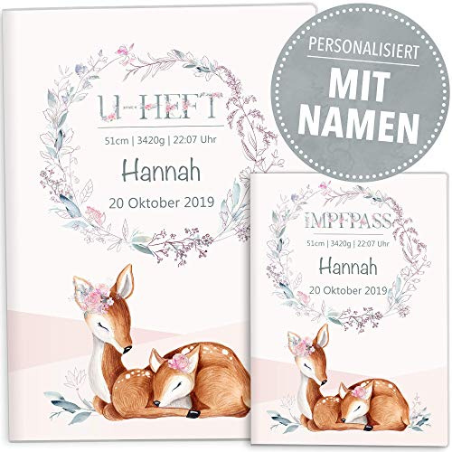 Olgs U-Heft und Impfpasshüllen Set Rehkitz Lusy - Personalisierte Schutzhüllen mit Namen und Geburtsdatum des Kindes - Uhefthülle
