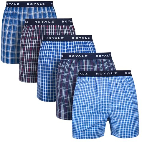 ROYALZ Boxer Larghi Uomo Cotone 100% 5 Pack – Boxer Americani Uomo Comodi – Mutande Uomo Larghe con Motivo a Quadri Blu