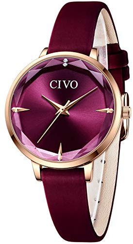 CIVO Damen Uhren Damenuhren Wasserdicht Sternenhimmel Damenuhr Lederarmband Damen Armbanduhr Kleid Elegant Beiläufig Designer Analoge Quarz Uhren für Damen Mädchen Rot