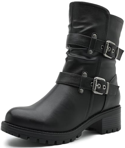 GLOBALWIN Fashion Ankle Boots For Women Black Biker Boots Low Heel Motorcycle Boots Size 8M