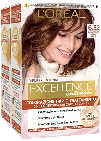 2x L'Oréal Paris Excellence Intense Colorazione Permanente 6.32 Biondo Scuro Castano Perla Triplo Trattamento con Acido Ialuronico - 2 Tinte