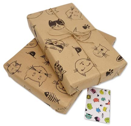 Lot de 2 feuilles de papier cadeau de luxe motif chat, plus étiquettes cadeaux en forme de chat gratuites. Papier kraft parfait pour un anniversaire et 100 % recyclable pour l'environnement (motif