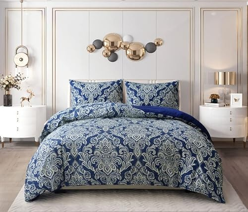 BSL 4 Piece Duvet Cover Bedding Set Quilt Cover with Matching Pillow Cases and Extra Fitted Sheet Included Hypoallergenic Soft Breathable Bed Cover Machine Washable (Damask Blue, Double)