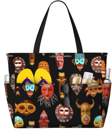 POCUK African Ritual Ethnic Tribal Große Kapazität Strandtasche für Damen, übergroße Tragetasche für Wochenendreisen, Schwarz , Einheitsgröße