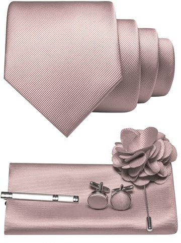 JEMYGINS Herren Krawatte aus Twill mit einfarbigem Design inklusive Pocket Square Manschettenknöpfen Krawattenklemme und Blütenbrosche Geschenkset für Partys Business Hochzeiten helles Roségold
