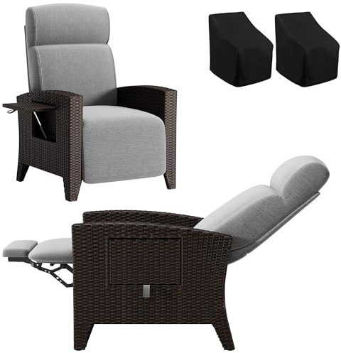 Fiutazge 2 stycken ergonomisk relaxstol, justerbart ryggstöd, trädgårdsfåtölj med liggfunktion, skydd, relaxfåtölj rotting, solstol för inomhus/utomhus, rotting, svart och grå sittdyna