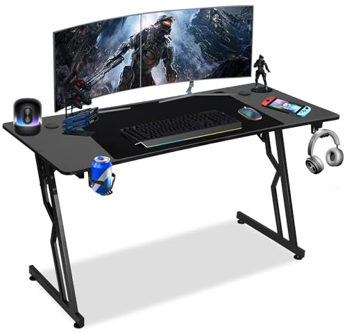 Jaxguom Gaming Tisch 120x60 cm,Gamer Tisch Schwarz Gamingtisch mit Kohlefaserbeschichtung,Zocker Tische mit Ergonomischer,Gamertisch mit Getränkehalter und Kopfhörerhaken PC Gamertisch