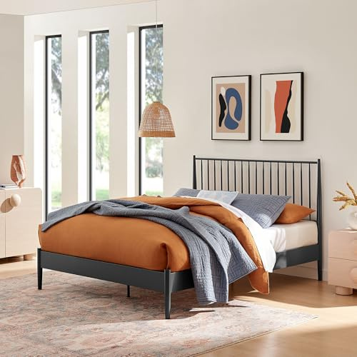 Modway Adair Full Metal Platform Bed Frame with Spindle Headboard – Classic Modern Farmhouse Double Mattress Foundation with Wood Slat Support, No Box Spring Needed