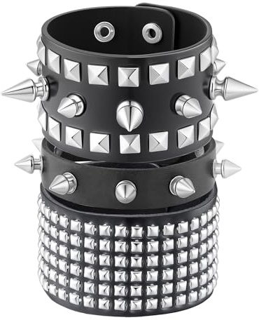 Manfnee Bracciale in pelle PU per uomo e donna, stile goth punk rock, con borchie, nero