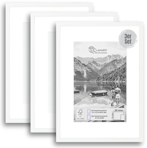 CLAMARO Bilderrahmen 40x60 cm, 3er Set, Weiß Matt, Profilbreite 20 mm | Acrylglasscheibe, HDF-Rückwand mit Standfuß, Wandaufhängung, FSC-Holz, für Fotos, Urkunden, Poster
