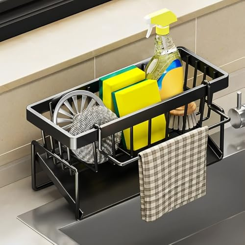 Yeqqzq Kitchen Sink Caddy Organiser, Sink Tidy Organizer, Storage Rack with Self Draining Tray, Dishcloth Hanger, Washing up Utensil Caddy, Kitchen Soap Holder (Black)