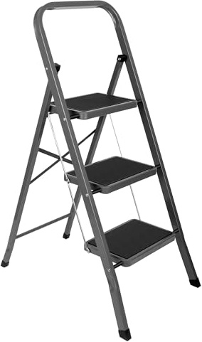 Futura 3 Step Ladder Grey, Heavy-Duty Steel Folding Ladder & Folding Step Stool with Wide Non-Slip Steps, Anti Slip Feet, 150kg Load Capacity, Ideal for Home/Kitchen/Garden or DIY Step Stool