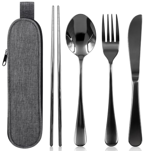Campingbestick, 5 stycken resebestick i rostfritt stål med fodral, campingbestick för utomhus, resor, arbete, skola, reseprylar, diskmaskinssäker, svart