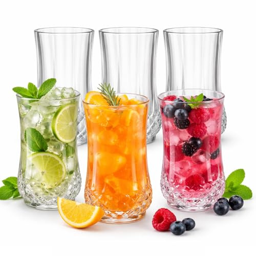 HOMSMYTH Drinking Glasses Set of 6 – 380ml (13.3oz) Tall Clear Crystal Effect Cocktail Glasses, 140x70mm, Dishwasher Safe Tumbler/Water Glasses for Juice, Gin, Rum & Vodka (Style II)