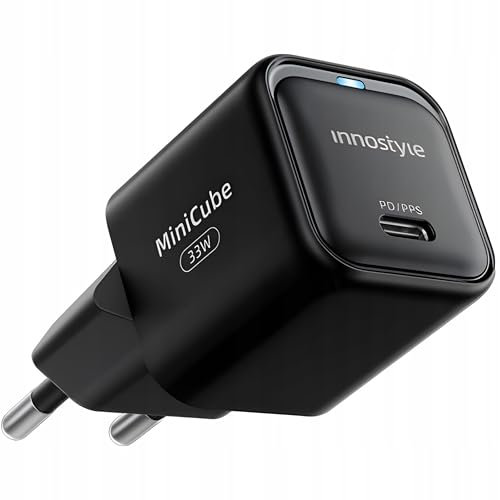 INNOSTYLE USB C Cube Charger 33W Usb Type C GaN II, snabbladdning, svart, kompakt strömförsörjning för mobiltelefoner, perfekt för resor, USB-C för iPhone, Samsung, Xiaomi, iPad, Pixel
