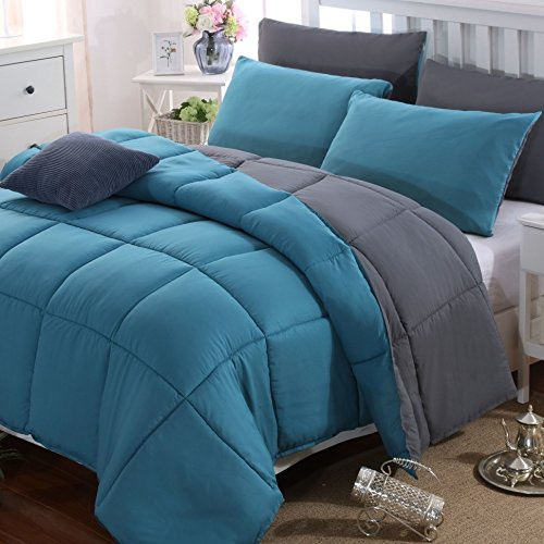 MOHAP Couette Bicolore Chaude l'hiver 450g/m² Épais 140x200cm Hypoallergénique Lac Bleu + Gris Foncé Couette de Lit Réversible 1 Personnes Edredon