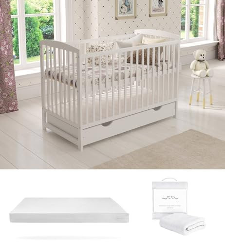 Love For Sleep JACOB Wooden Baby Cot Bed 120x60cm with Large Drawer, Guard Barrier, Teething Rails & Deluxe Aloe Vera Mattress (White)