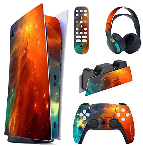 PlayVital Orange Star Universe Full Set Skin Decal for ps5 Console Digital Edition,Sticker Vinyl Decal Cover for ps5 Controller & Charging Station & Headset & Media Remote