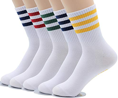 MK SOCKS 5-Pack Striped Crew Socks for Men and Women - Retro Bold Stripe Cotton Tube Socks, Red Yellow Green Navy Black, Soft Breathable Moisture-Wicking, Seamless Blister-Free Durable Multipack