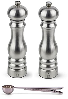 Peugeot Paris Chef u'Select Stainless Steel Salt & Pepper Mill Gift Set - With Stainless Steel Spice Scoop/Bag Clip (9 Inch)