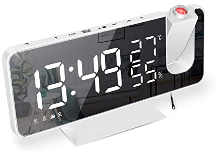 Wecker mit Projektion Radiowecker-Digitaler Projektionswecker mit USB-Anschluss, 7.5 Zoll großes Spiegel-LED-Display,Snooze Dual-Alarm,FM Radio,4 Displayhelligkeit mit automatische Dimmfunktion（Weiß）