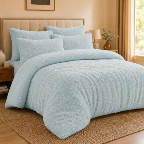 EXQUIZIT HOME® Teddy Fleece Duvet Cover Set – Super Soft Teddy Bear Fleece Bedding Set with Pillowcases – Warm Cosy Winter Fleece Quilt Cover (Duck Egg King 230cm x 220cm Approximate)