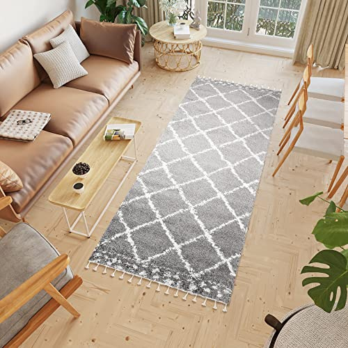 TAPISO Boho Alfombra de Pasillo Salón Dormitorio Moderno Gris Crema Cuadros Puntos Flecos Suave Shaggy 80 x 250 cm