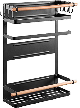 Maclean MC-910 Magnetisches Kühlschrankregal/Waschmaschinenregal mit Rollenhalter und 6 Abnehmbaren Haken Hängeregal Papierhandtuchhalter bis 12kg Schwarz