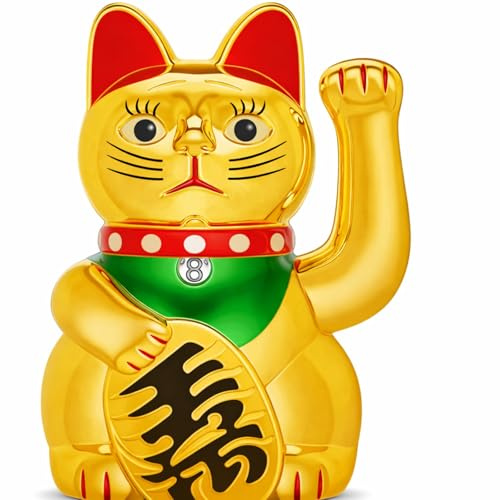 Chunful 5 Inch Lucky Cat Waving Arm Maneki Neko Gold Lucky Fortune Cat with Waving Hand Paw up for Feng Shui Welcoming Fortune Luck Wealth Prosperity Decoration, Battery Cover Not Included
