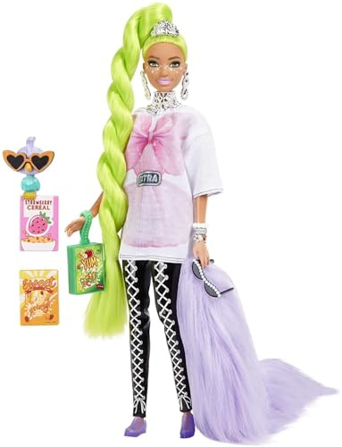 Barbie Extra Doll and Barbie Accessories with Neon Green Hair, Feather Boa and Pet Parrot