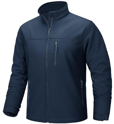 TACVASEN Mens Lightweight Jackets Tactical Fleece Lined Rain Coat Softshell Waterproof Windbreaker with Inner Pockets for Casual Hiking, Navy, L
