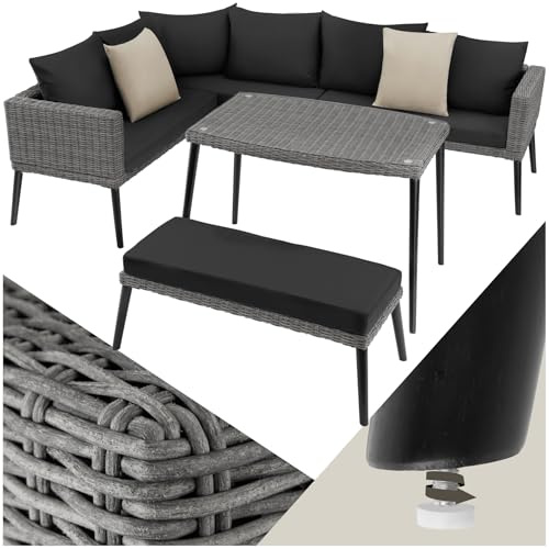 tectake® Aluminium Poly Rattan Lounge, Gartenmöbel Set mit Ecksofa, Bank und Tisch, Sitzgruppe für Garten Balkon Terrasse, Balkonmöbel Sofa Garnitur mit dicken Polstern, mit Zierkissen - grau