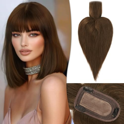RUWISS Echthaar Hair Topper für Frauen Krone Toppers With Pony Kurze Perücken Haarteile für Dünnes Haar 7.5 * 13CM Silk Base 100% Echtes Menschliches Haar Clip in Topper 30 CM 40g (Mittelbraun)